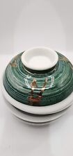 SET OF 4 VINTAGE JAPANESE HAND-PAINTED FOOTED CERAMIC RICE BOWLS Green , Gold picture