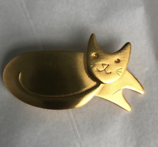 Vintage AK Anne Klein Matte Gold Tone Smiling Kitty Cat Brooch Signed picture