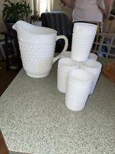 Vintage White Glass Pitcher And 6 Glasses picture