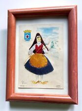 Artist Signed Silk Embroidered Postcard Portugal Covilha Fiandeira Wood Frame picture
