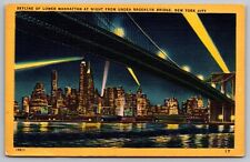 Skyline Lower Manhattan Night View Brooklyn Bridge New York City Linen Postcard picture
