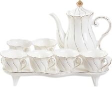 Fine Porcelain Teaware White & Gold 14-Piece Tea Set for 6  w/ tray & spoons picture