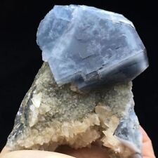381g Translucent Deep Blue Cube Fluorite Crystal & Dog Tooth Calcite Specimen picture