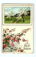 A Happy Birthday Greeting Card Floral Trees Design Vintage Postcard picture