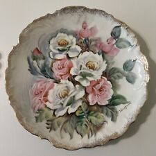 Ucagco Floral Pink Red Green signed Ceramic plate gold rim scallops picture