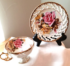 Vintage Royal Sealy Iridescent Roses Teacup and Reticulated Saucer, Japan, 1950s picture