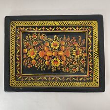 Vintage Hand Painted Wood Black Tray Yellow Orange Floral Decor Folk Art picture