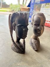 Vintage Carved African Tribal Woman & Man Head Bust Statue Ebony Wood Sculpture picture