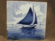 Vintage Hand Decorated Tile Trivet Made Holland Delft Blue Belgium Boat on Water picture