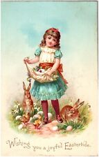 1880s Victorian Easter Greeting Card Joyful Eastertide Girl w/ Bunnies & Chicks picture