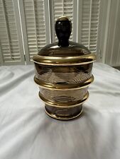 Vintage Mid Century Gold Black Amber Glass Striped Decorative Jar With Lid MCM picture