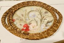 Vintage Seashell Art Oval Rattan Curved Glass 8×10 1970s Floral Depiction picture