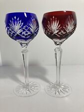 Hand Cut Crystal Wine Glass Set of 2, Cobalt Blue and Ruby Red 8-1/4