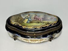 19th Century French Sevres Blue Porcelain Box Romantic Gallant Scene Gold Trim picture