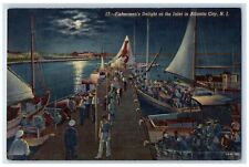 1940 Fishermen's Delight Inlet Dock Moon Night Atlantic City New Jersey Postcard picture