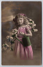 Vintage Postcard German Happy Birthday Girl with Watering Can & Flowers picture