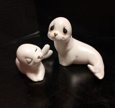 Vintage Mexican Ceramic Mom & Baby Pair Of White Seals Hand Painted By Oxford  picture