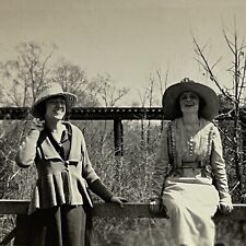 Antique B&W Snapshot Photograph Beautiful Young Women On Railing Smiling Flapper picture