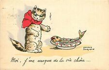 A/S E. Sornein Postcard; French Cat w/ Red Bow Does Not Care about Fishes Life picture