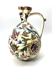 ANTIQUE RARE DOUBLE SPOUT ZSOLANY HUNGARY HANDLED FLORAL JUG picture