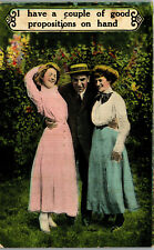 Couple of Good Propostions • two women and Man 1910's Vintage Postcard AA-004 picture