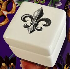 Parish Line Brand Fleur de Lis Trinket Box 2 in Square Ceramic Bl/Wh New Orleans picture