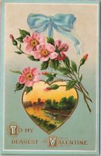 c1910s VALENTINE'S DAY Embossed Postcard River / Church Scene / Pink Wild Roses picture