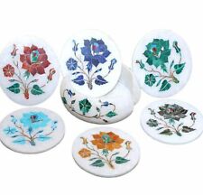 White Marble Coaster Set Semiprecious Inlay Stone Handmade Work Home Decorative picture