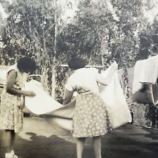 Vintage 1947 Black and White Photo Women Folding Blankets Laundry Line Outdoors picture