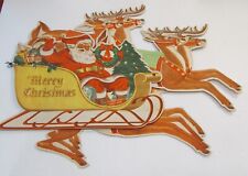 Vintage Christmas Die Cut Decoration Santa Sled Sleigh 6 Reindeer  picture