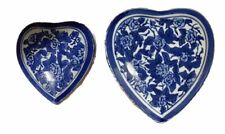 Vintage Silvestri Porcelain Trinket Heart Boxes Blue & White Coquette Floral picture