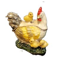 ENAMELED HEN  WITH BABY CHICKS JEWELED PEWTER TRINKET  BOX 2