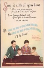 Vintage 1950s Religious RALLY DAY Postcard Church Sunday School /Family at Organ picture