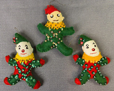 Vintage CLOWN Jester ORNAMENTS Felted Sequin Beaded LOT of THREE Handmade MCM picture