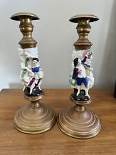 Vintage Antiqued Brass Candle Holders W/glass Victorian Colorful Woman And Man picture