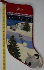 LANDS END Penguins Wool Needlepoint Christmas Stocking Monogrammed JAZZ picture