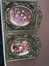 Vintage Italian Flower Wall Plaque Set Brass Bright Colors Elegant Scrollwork picture