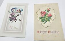 2 Antique floral Birthday Greetings Postcards Roses Violets Birds Embossed picture
