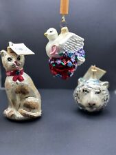 LOT OF 3 VINTAGE Christopher Radko Glass Christmas Ornaments TIGER DOVE CAT picture