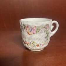 Vintage German Made Remember Me Mustache Tea Cup 2-1/2” Tall Silver Trim Floral  picture