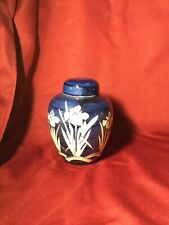 Vintage Takahashi Ginger Jar Lidded Cobalt Blue White Irises Hand Painted picture