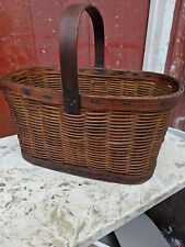 LARGE AntiqueHand Woven Split Wood gathering Harvest Basket With Handle ~RARE  picture