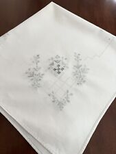 Vintage  embroidered tablecloth gray flower and leaf pattern 30” x 30” picture