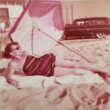 Vintage Snapshot Photo Stunning Sunbather Woman Striped Swimsuit Umbrella Car picture