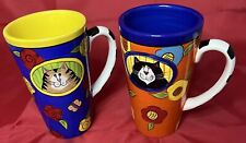 Catzilla 2-Tall 16 Oz Mugs- Cats & Flowers, Handpainted Candace Reiter 6” picture
