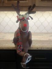 Large Sitting Plush Reindeer On Skates 17” W/ Posable Antlers Handmade picture