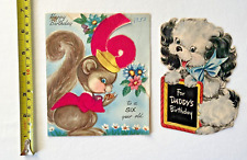Vintage Puppy Dog Squirrel Birthday Both Flocked Bow 1940's Greeting Card picture