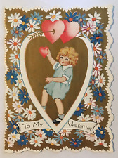 Antique Die Cut Valentines Day Card Cute Little Girl Big Hearts w Arrow Floral picture