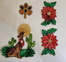 Lot of 4 -Vintage Sequin Patches, Applique, Poinsette, Holly, Coyote, Cactus picture