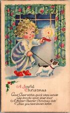 Christmas Postcard Little Girl Carrying a Candle Dog on Leash Barking at Window picture